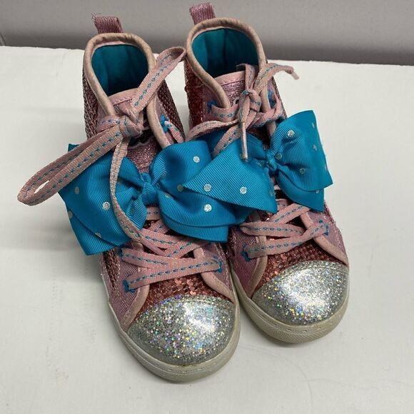 Girls JoJo Siwa pink high top sequin sparkly blue bow sneakers - Picture 1 of 8